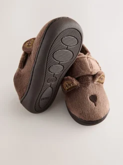 Bruin met beer - Warm gevoerde pantoffels met kuipzool