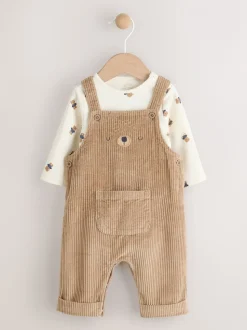 Bruin met bruine beer - Corduroy bretelbroeken en Bodysuit set (0mnd-2jr)