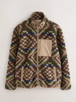 Bruin/bruingeel met geometrische print - Volledig doorlopende rits - Fleece trui met print