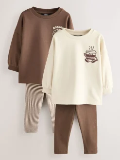 Bruin/Crème Babyccino - Verpakking van 2 tops met lange mouwen en leggings (3mnd-7jr)