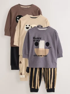 Bruin/Crème Blij gezicht - Verpakking van 3 oversized pyjama's 3 (9mnd -10jr)