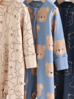 Bruin/donkerblauw - Set van 3 baby pyjama's zonder voetjes met tweewegrits van katoen (0mnd-3jr)