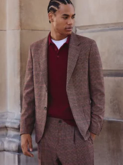 Bruin/rood - Slim fit wolmix geruit pak: jack