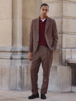 Bruin/rood - Slim fit wolmix geruit pak: jack