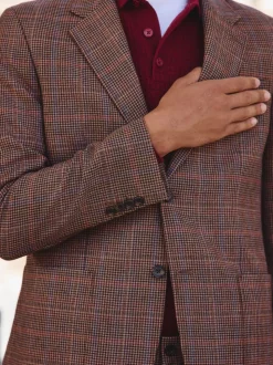 Bruin/rood - Slim fit wolmix geruit pak: jack