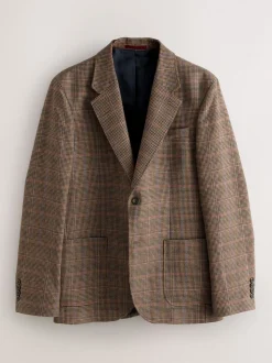 Bruin/rood - Slim fit wolmix geruit pak: jack