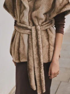 Camel - Faux Fur Tie Waisted Gilet