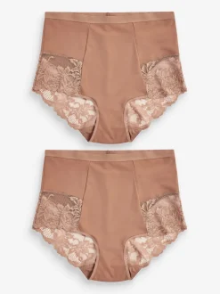 Caramel-nude - Verpakking van 2 Braziliaanse slipjes met kanten achterkant en buikcorrigerend effect en print