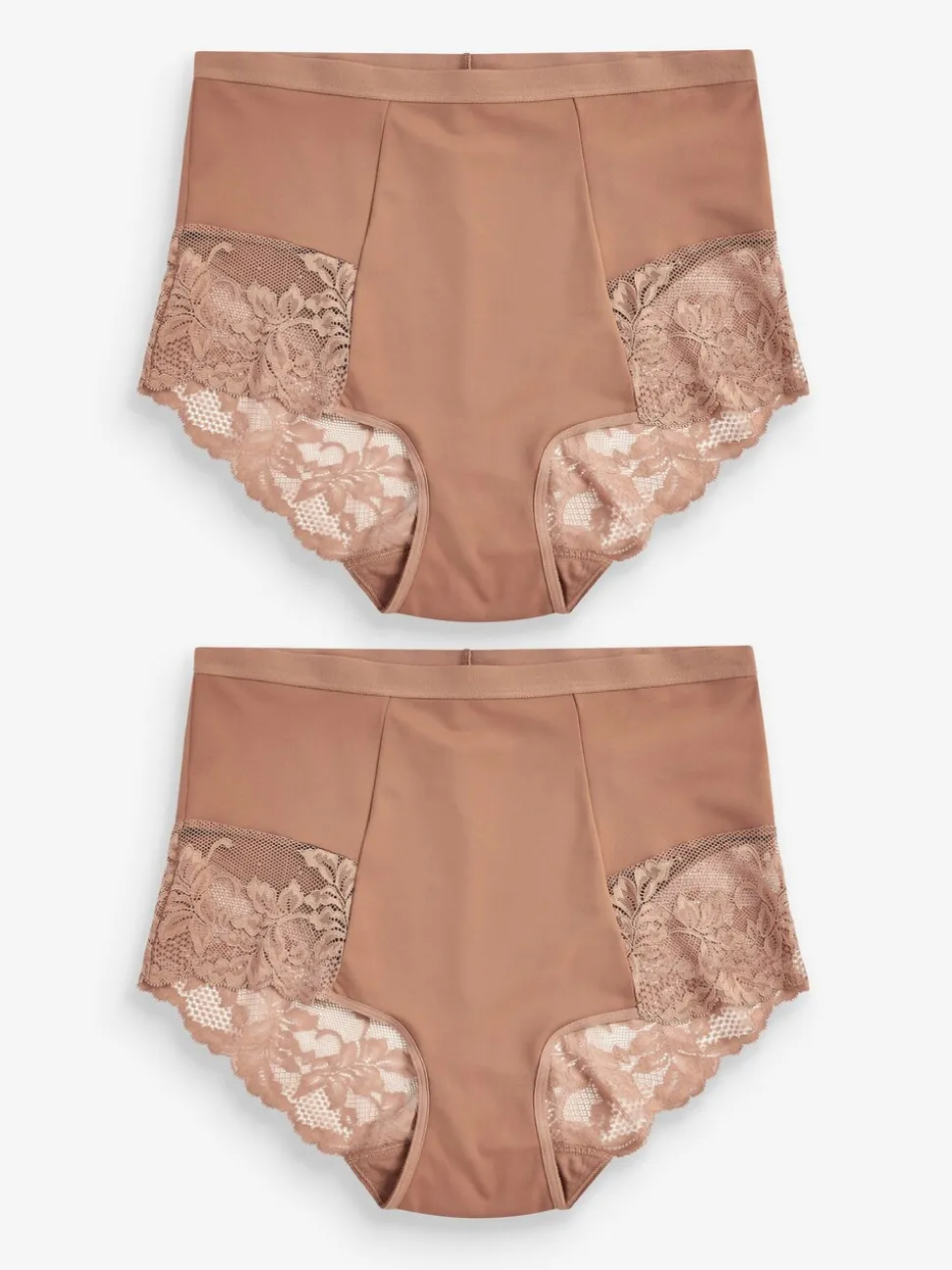 Caramel-nude - Verpakking van 2 Braziliaanse slipjes met kanten achterkant en buikcorrigerend effect en print