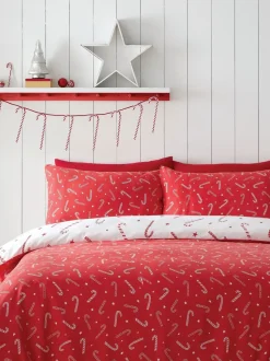 Catherine Lansfield strijkvrij Dekbedovertrek Set met Kerstmis Candy Cane print