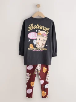 Charcoal Grey Bubble Tea - Graphic Print Top and Leggings Set (3-16yrs)
