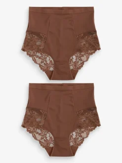 Chocolade nude - Verpakking van 2 Braziliaanse slipjes met kanten achterkant en buikcorrigerend effect en print