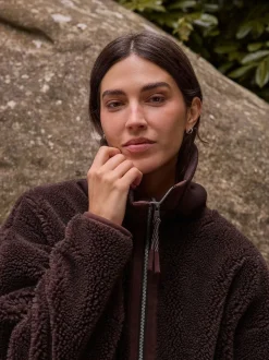 Chocoladebruin - Borg Zip Through Fleece With Rib Collar