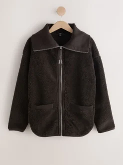 Chocoladebruin - Borg Zip Through Fleece With Rib Collar