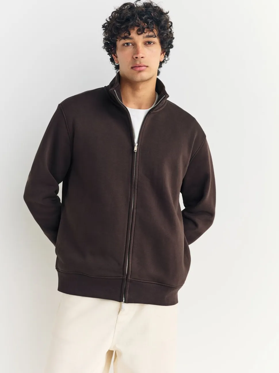 Chocoladebruin - Cotton Rich Jersey Full Zip Funnel Neck Sweatshirt