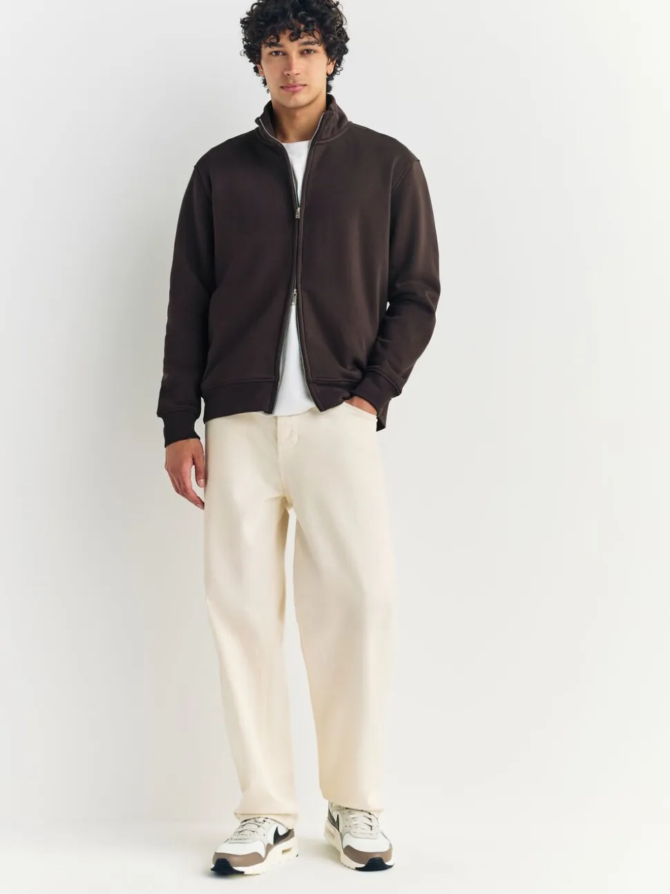Chocoladebruin - Cotton Rich Jersey Full Zip Funnel Neck Sweatshirt