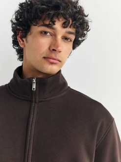 Chocoladebruin - Cotton Rich Jersey Full Zip Funnel Neck Sweatshirt