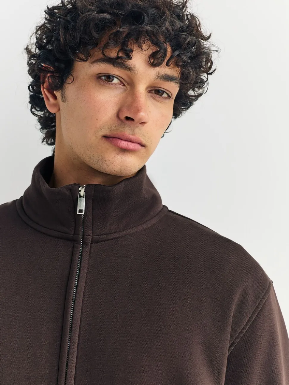 Chocoladebruin - Cotton Rich Jersey Full Zip Funnel Neck Sweatshirt