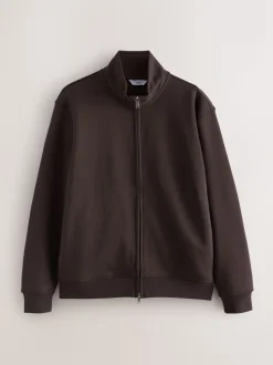 Chocoladebruin - Cotton Rich Jersey Full Zip Funnel Neck Sweatshirt