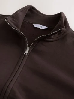 Chocoladebruin - Cotton Rich Jersey Full Zip Funnel Neck Sweatshirt