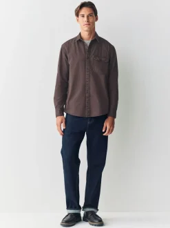 Chocoladebruin - Long Sleeve Garment Dyed Oxford Shirt