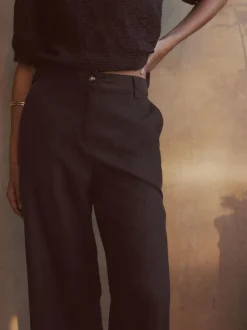 Chocoladebruin - Smart Front Linen Blend Wide Leg Trousers