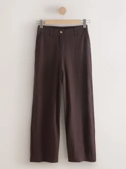 Chocoladebruin - Smart Front Linen Blend Wide Leg Trousers