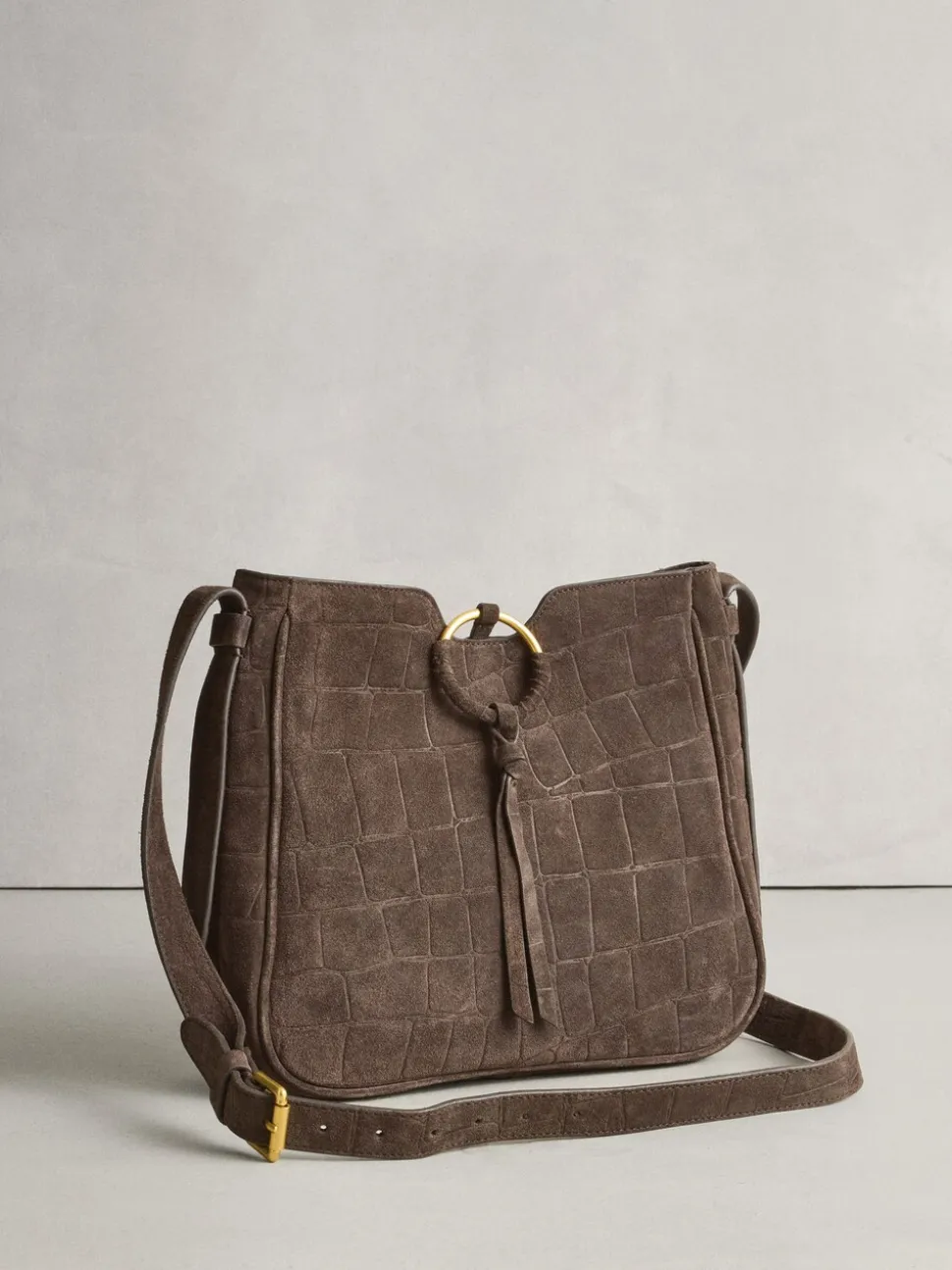 Chocoladebruin - Suede Croc Messenger Cross-Body Bag