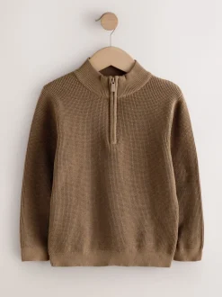 Chocoladebruin - Textured Knitted Zip Neck Jumper (3-16yrs)