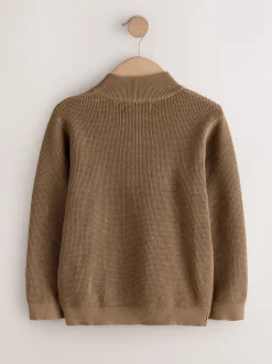 Chocoladebruin - Textured Knitted Zip Neck Jumper (3-16yrs)