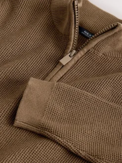 Chocoladebruin - Textured Knitted Zip Neck Jumper (3-16yrs)