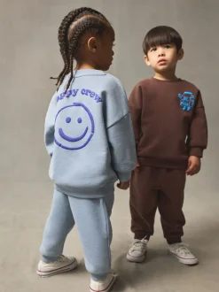 Chocoladebruin en blauw - Printed Crew Neck Sweat Top & Joggers Set (3mths-7yrs)