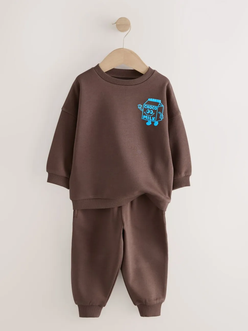 Chocoladebruin en blauw - Printed Crew Neck Sweat Top & Joggers Set (3mths-7yrs)
