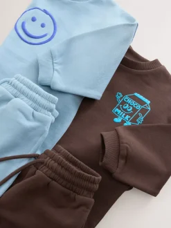Chocoladebruin en blauw - Printed Crew Neck Sweat Top & Joggers Set (3mths-7yrs)