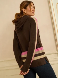 Chocoladebruine Lurex-strepen met meerdere kleuren - Love & Roses gebreide trui met capuchon