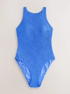 Cornflower Blue Textured - Hoogsluitend buikcorrigerend badpak