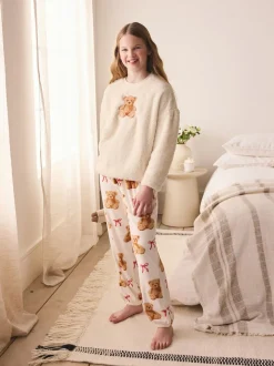 Cream Bear Applique - Fleece Pyjamas Set (12mths-16yrs)