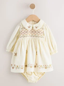 Crème - Baby Embroidered Long Sleeve Dress and Knickers Set 2 Piece (0mths-2yrs)