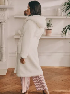 Crème - Badjas van teddyfleece met langere lengte (5-16jr)