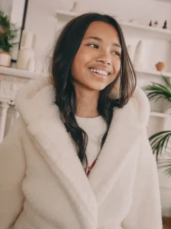 Crème - Badjas van teddyfleece met langere lengte (5-16jr)