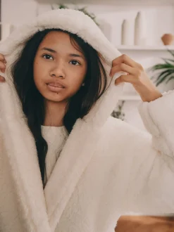 Crème - Badjas van teddyfleece met langere lengte (5-16jr)