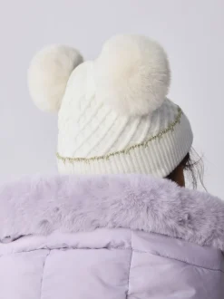 Crème - Baker By Ted Baker - Set van muts met dubbele pompon en oren en wanten voor meisjes