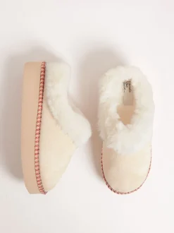 Crème - Friends Like These Faux Fur Cuff Embroidered Tape Nightwear Mule Slippers