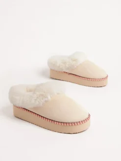 Crème - Friends Like These Faux Fur Cuff Embroidered Tape Nightwear Mule Slippers
