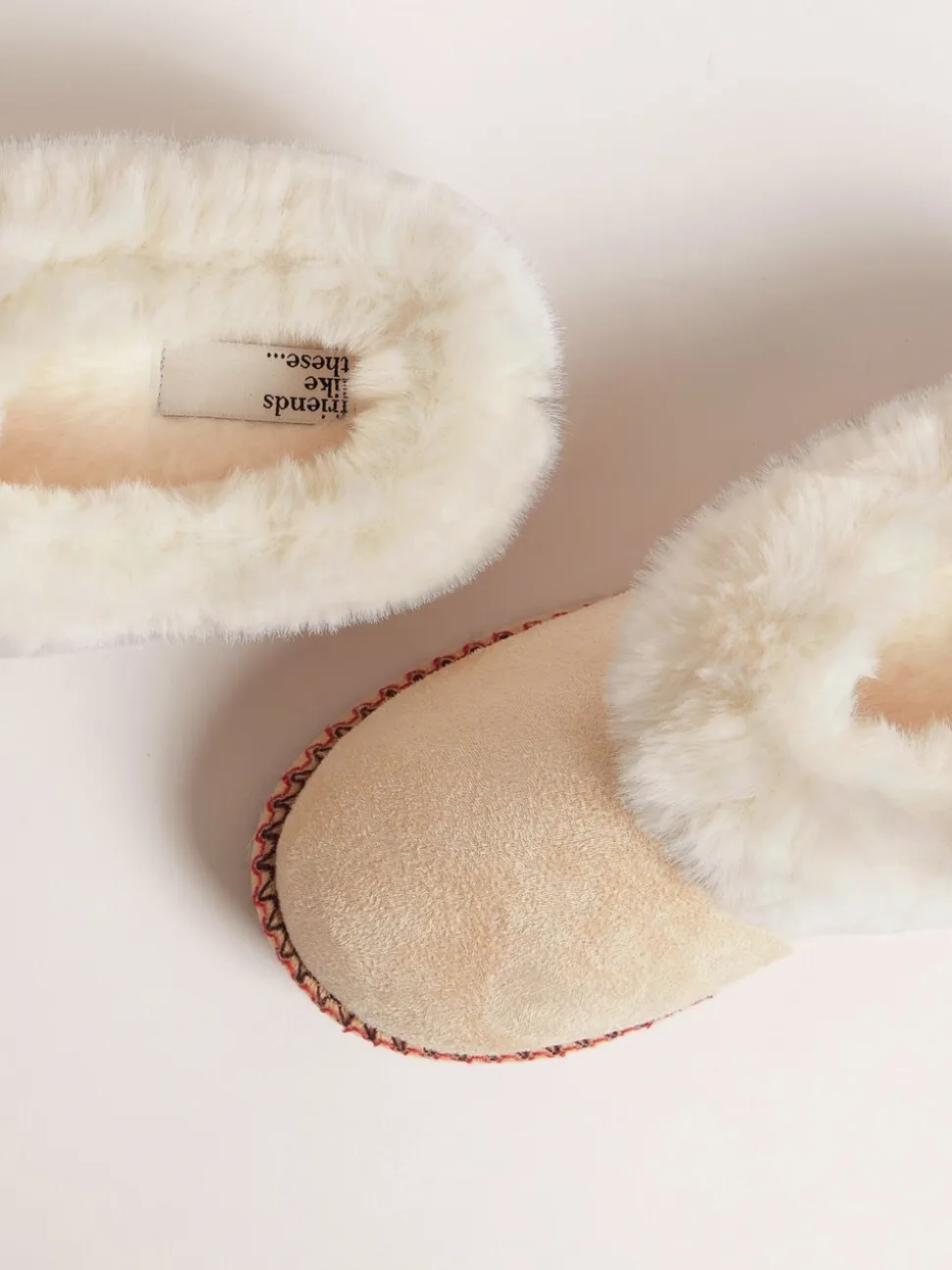 Crème - Friends Like These Faux Fur Cuff Embroidered Tape Nightwear Mule Slippers