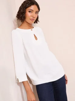 Crème - Friends Like These 3/4 Sleeve Keyhole Front Hardware Detail Blouse
