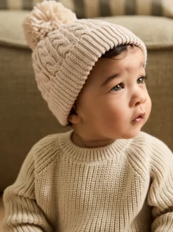 Crème - Gebreide kabel Beanie-muts met pompom