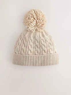 Crème - Gebreide kabel Beanie-muts met pompom