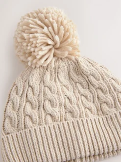 Crème - Gebreide kabel Beanie-muts met pompom