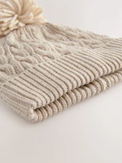 Crème - Gebreide kabel Beanie-muts met pompom